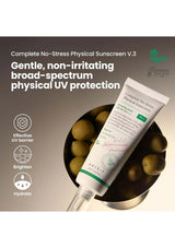 Sunscreen tube with olive oil and text about physical UV protection