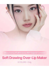 Advertisement for a soft drawing over-lip maker with a model posing against a pink background.