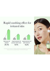Product advertisement with text about rapid soothing effect for irritated skin, featuring a woman using the product.
