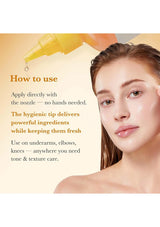 Woman applying skincare product with text on how to use it