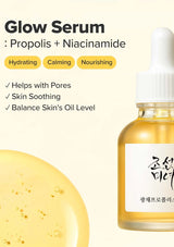 Glow Serum bottle with dropper labeled Propolis + Niacinamide on a yellow background