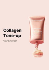 Collagen Tone-up Glow Sunscreen tube with pink cream on a light pink background