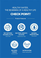 Product features of water filtration system on a blue background