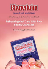 Blancdubu Happy Breath Mouthwash packaging with peach flavor on a pink background