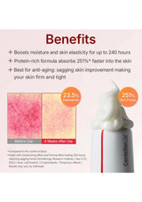 Product advertisement with benefits listed, including moisture boost and protein-rich formula, on a light pink background.