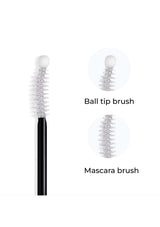 Mascara with ball tip brush and mascara brush labeled on a white background