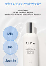 AIDA Glutathione Milk Oil Cleanser with product details and scents on a white background