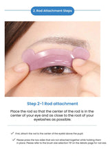 Person applying a pink rod attachment to their eyelashes with text instructions below.