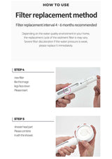Instructions on filter replacement method with a white device and hands holding it.