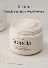 Jar of Arencia rice mucin cleanser with text 'Texture Arencia signature Mochi texture' on a light background