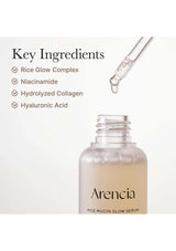 Arencia rice mucin glow serum with key ingredients listed on a white background