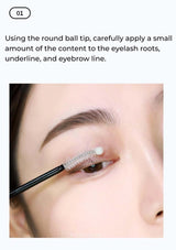 Person applying a cosmetic product to eyelashes and eyebrow with text instructions.