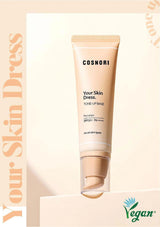 Cosnori foundation tube with 'Your Skin Dress' text on a beige background