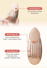 Beauty device with labeled features on a gradient background