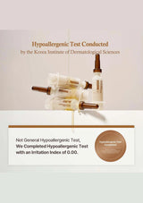 Hypoallergenic test conducted by the Korea Institute of Dermatological Sciences with test samples on a white background.