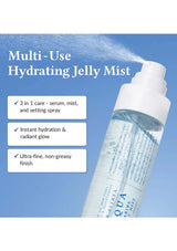 Multi-use hydrating jelly mist with spray nozzle on a blue background