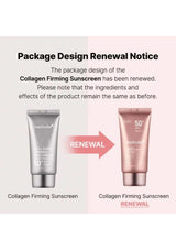 Notice of package design renewal for Collagen Firming Sunscreen with two versions shown.