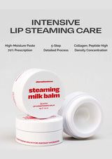 Steaming Milk Balm lip balm containers with text on a light gray background