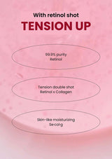 Product advertisement with text about retinol content and benefits on a pink background