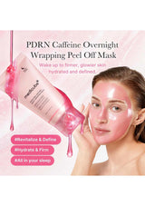 Woman wearing a pink PDRN Caffeine Overnight Wrapping Peel Off Mask with product packaging on a light pink background.