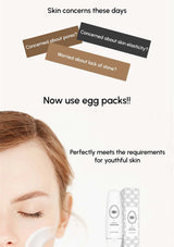 Advertisement for egg packs to address skin concerns with a woman applying a product.