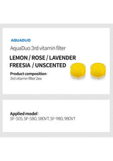 AquaDuo 3rd vitamin filter packaging with lemon, rose, lavender, freesia, and unscented options on a white background.