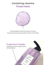 Purple bottle with purple beads and text about vitamins and berry complex on a white background