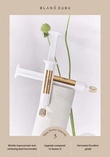 Skincare product with syringe-like applicator and text on a light background