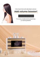Hair care product with a woman and text about volume booster on a beige background