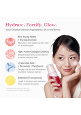 Skincare product with ingredients listed and a woman using it on her face.