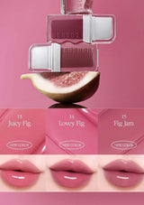 Cosmetics with fig slices and lip swatches on a pink background
