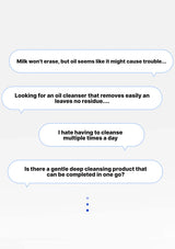 Text bubbles with user queries about oil cleansers on a white background