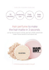 Hair dry powder perfume with packaging and text on a white background