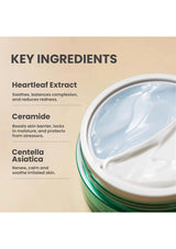 Cosmetic jar with key ingredients listed on a beige background