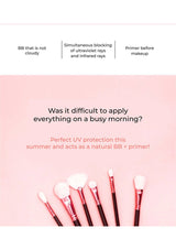 Makeup brushes on a pink background with text about UV protection and makeup application.