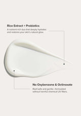 Product droplet with text about rice extract, probiotics, and safety features on a white background