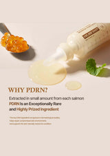 Cosmetic product with salmon roe and text explaining PDRN, a rare ingredient.