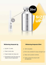 AIDA Whitening Ampoule packaging with size comparison and features listed.
