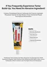 Toothpaste tube with text about tartar removal and abrasive ingredients