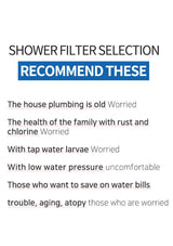 Text recommending shower filters for various concerns on a white background
