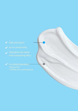 White cream swatch on a blue background with text about product features.