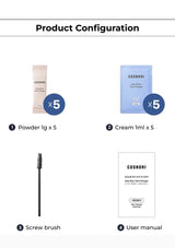 Product configuration with powder, cream, screw brush, and user manual on a white background