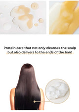 Hair care product with protein care benefits displayed on a white background