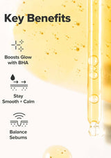 Product packaging with key benefits text and dropper showing a yellow liquid.