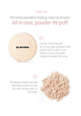 SO. NATURAL powder-in-puff with text highlighting its features on a white background