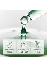 Green liquid being poured with icons and text indicating fragrance-free, sensitive skin tested, and paraben-free on a white background.