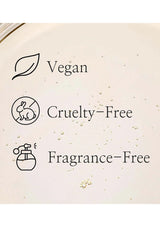 Certification labels for vegan, cruelty-free, and fragrance-free products on a beige background.