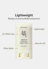 Beauty of Joseon Relief sunscreen stick with features highlighted on a white background