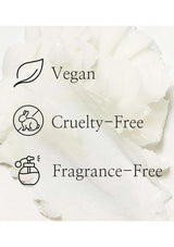 White fabric with vegan, cruelty-free, and fragrance-free icons and text.