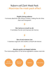 Nuborn cell Zzirit Mask Pack advertisement with benefits listed on a white background.